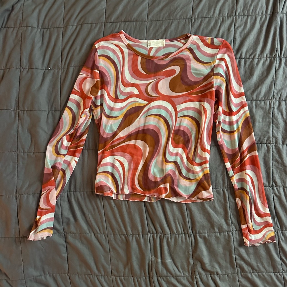 Altar'd State Orange Brown Fitted Graphic Blouse